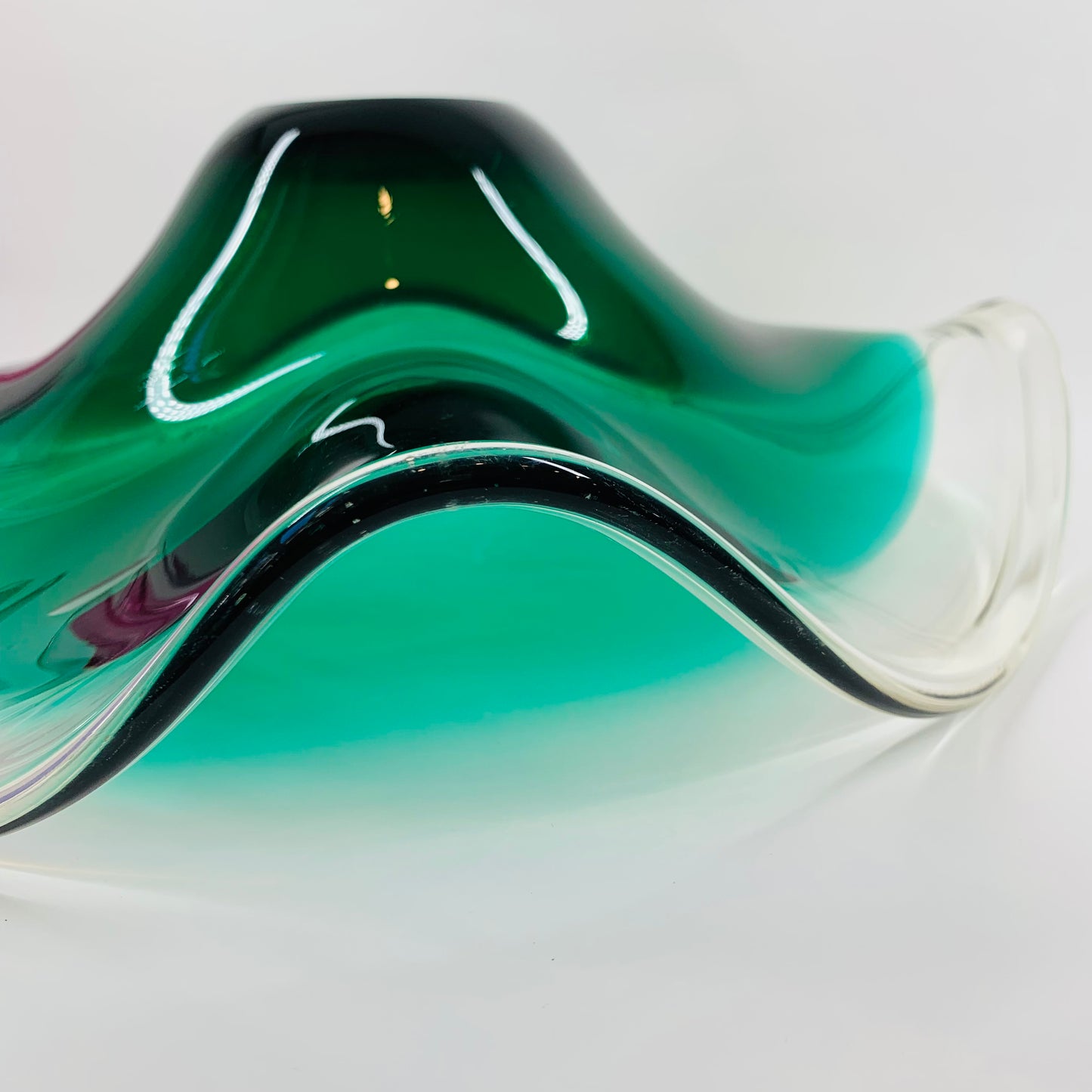 Large ruffle edge MCM Murano emerald green glass bowl