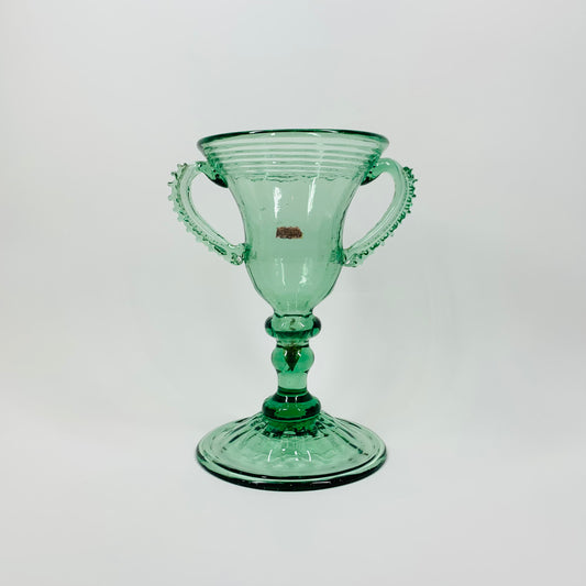 1940s mouth blown Spanish green glass goblet with double handles