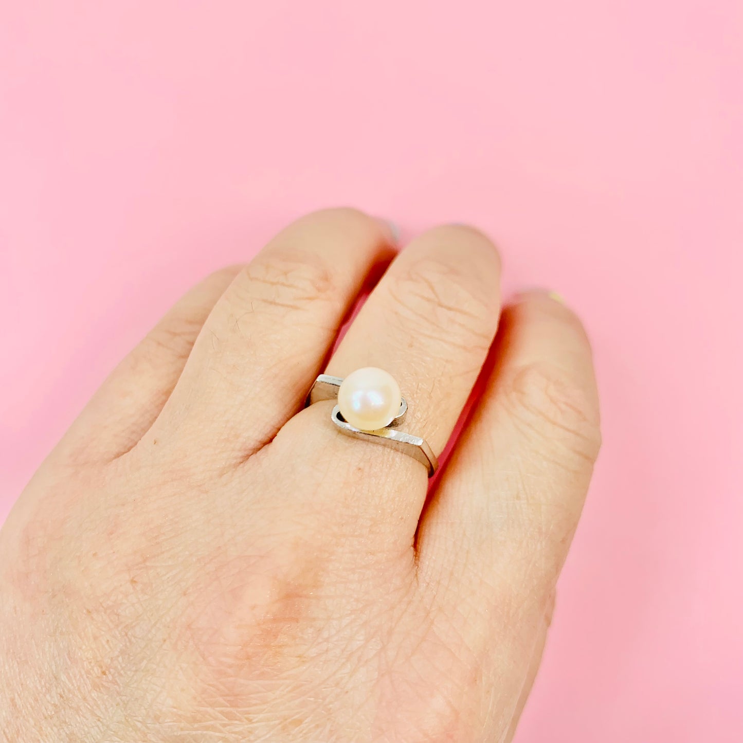 1960s modernist silver pearl ring