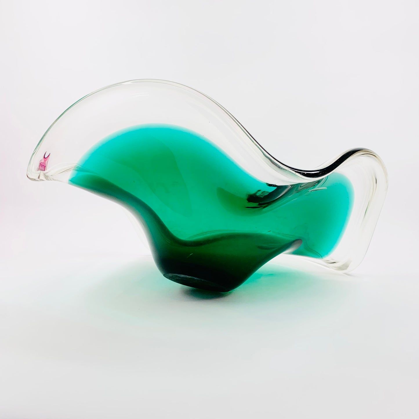 Large ruffle edge MCM Murano emerald green glass bowl