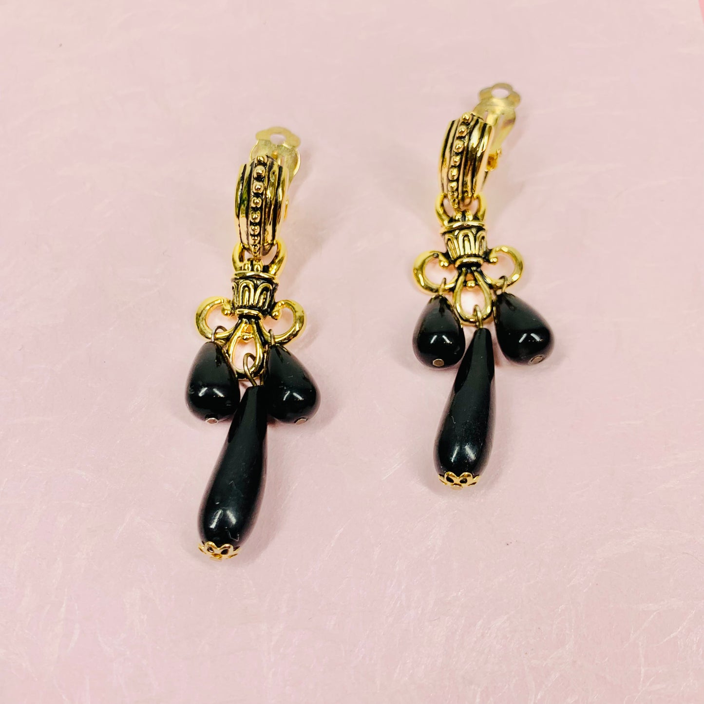 1960s fleur de lis drop earrings with black droplet beads