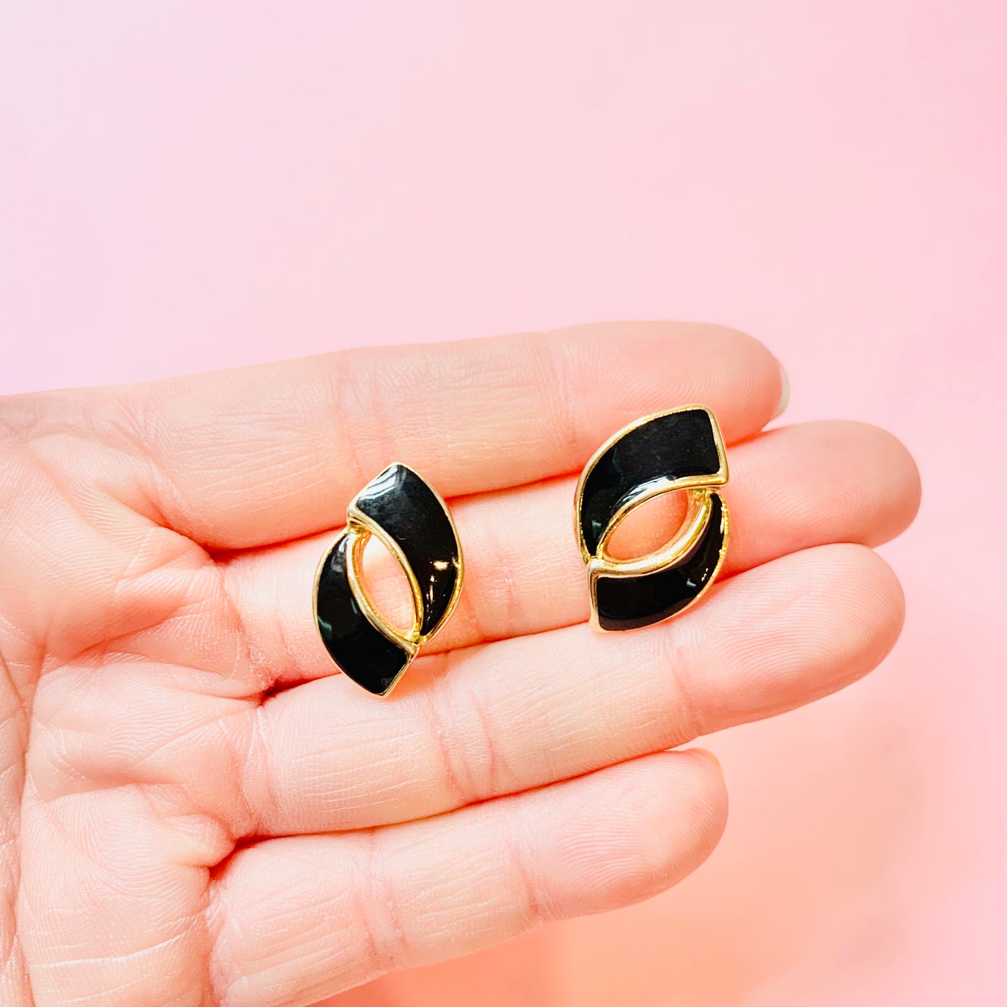 1960s gold plated black enamel stud earrings with rhinestones halo