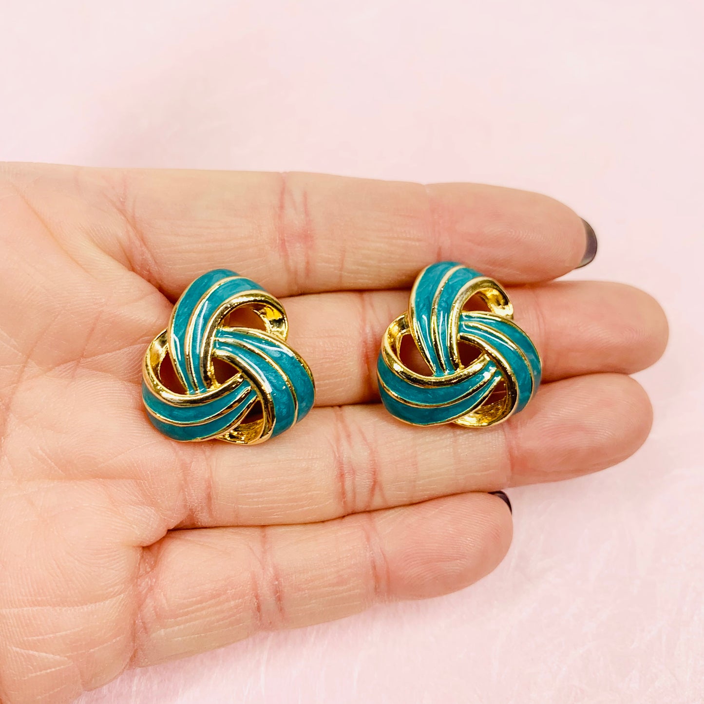 1980s Trifari gold plated turquoise enamel knot button stud earrings