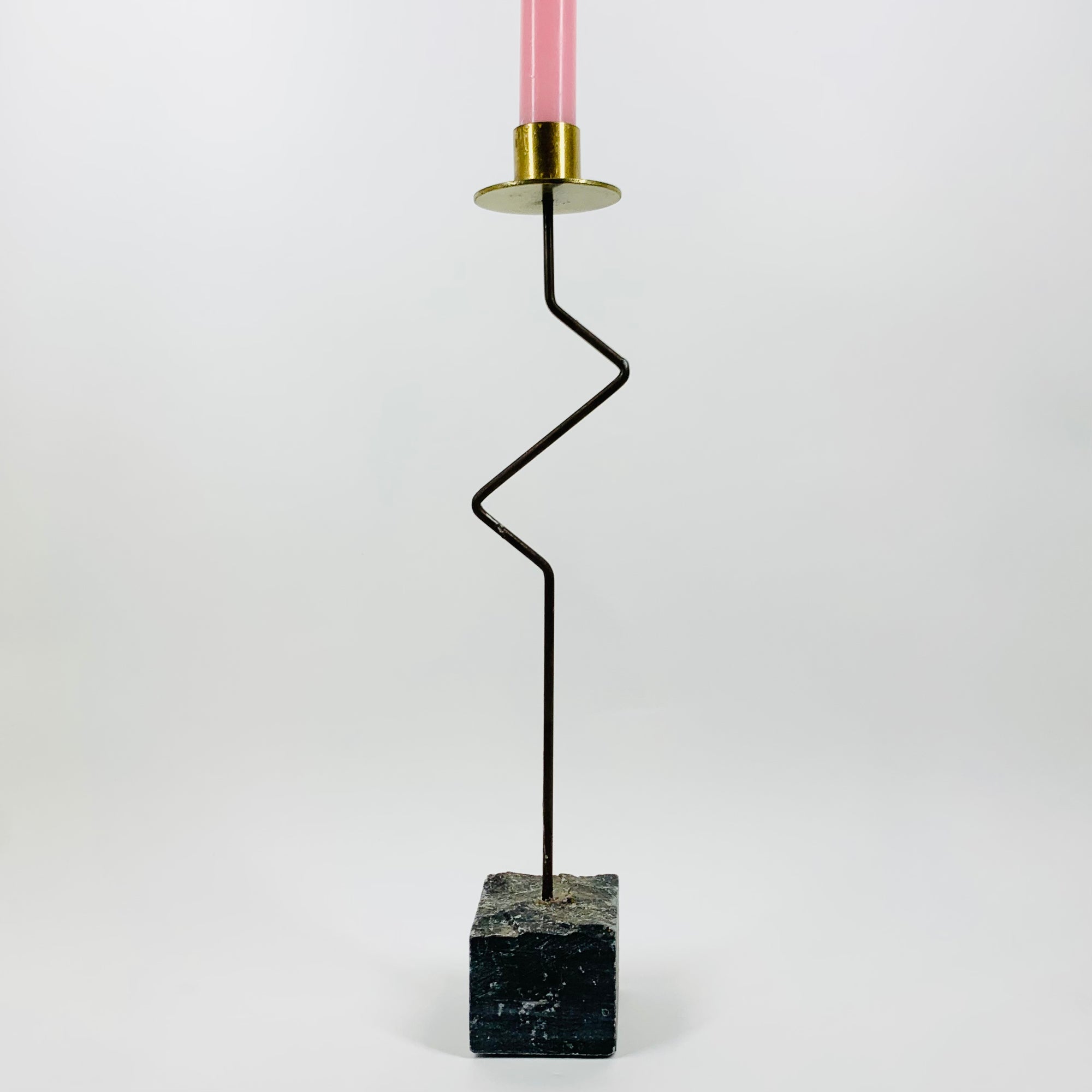 80s Memphis brass nickel abstract candle holder on granite base