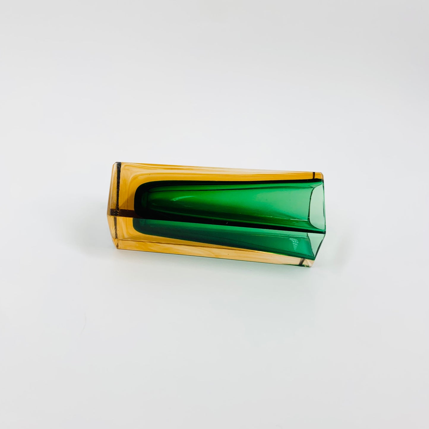 Rare MCM green & amber Murano sommerso block glass vase by Mandruzzato
