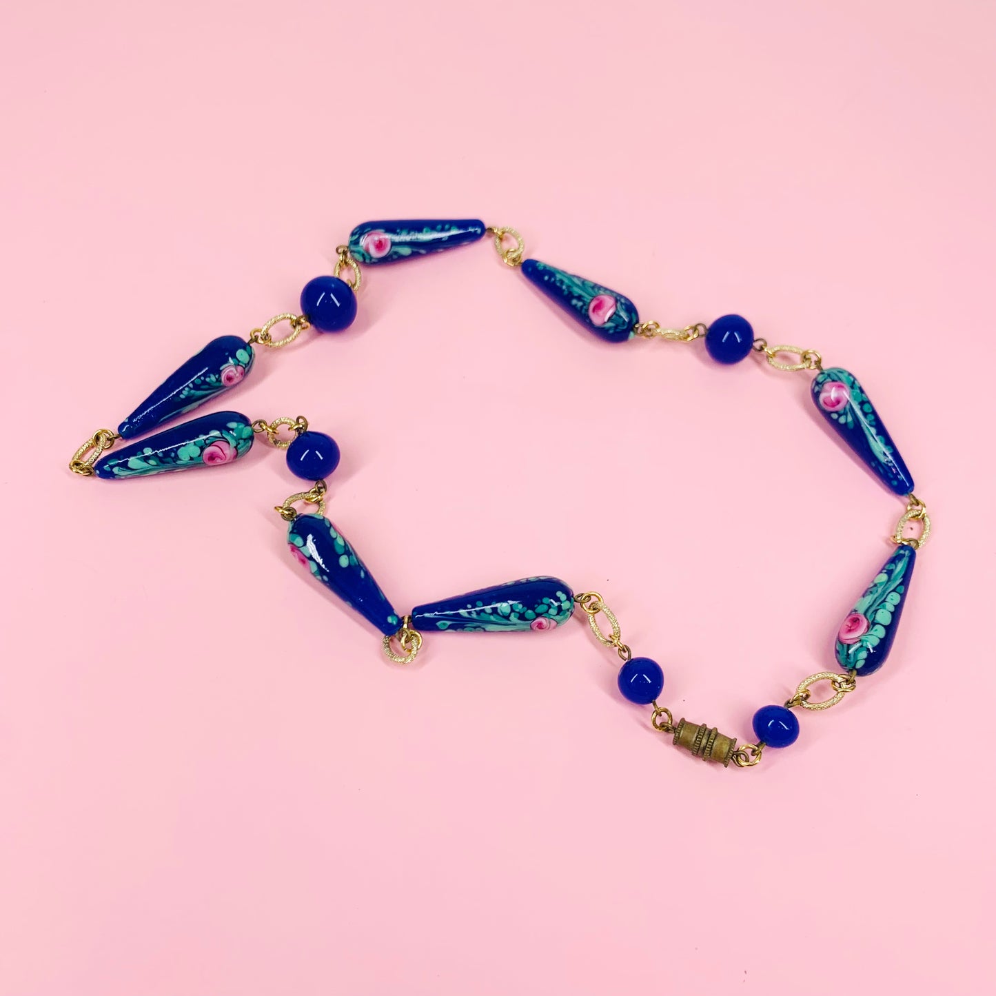 Rare 1950s Murano blue floral glass beads link necklace