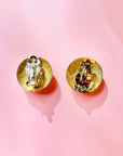 1960s Barcs triple plated gold clip on button earrings with grooves and crystals