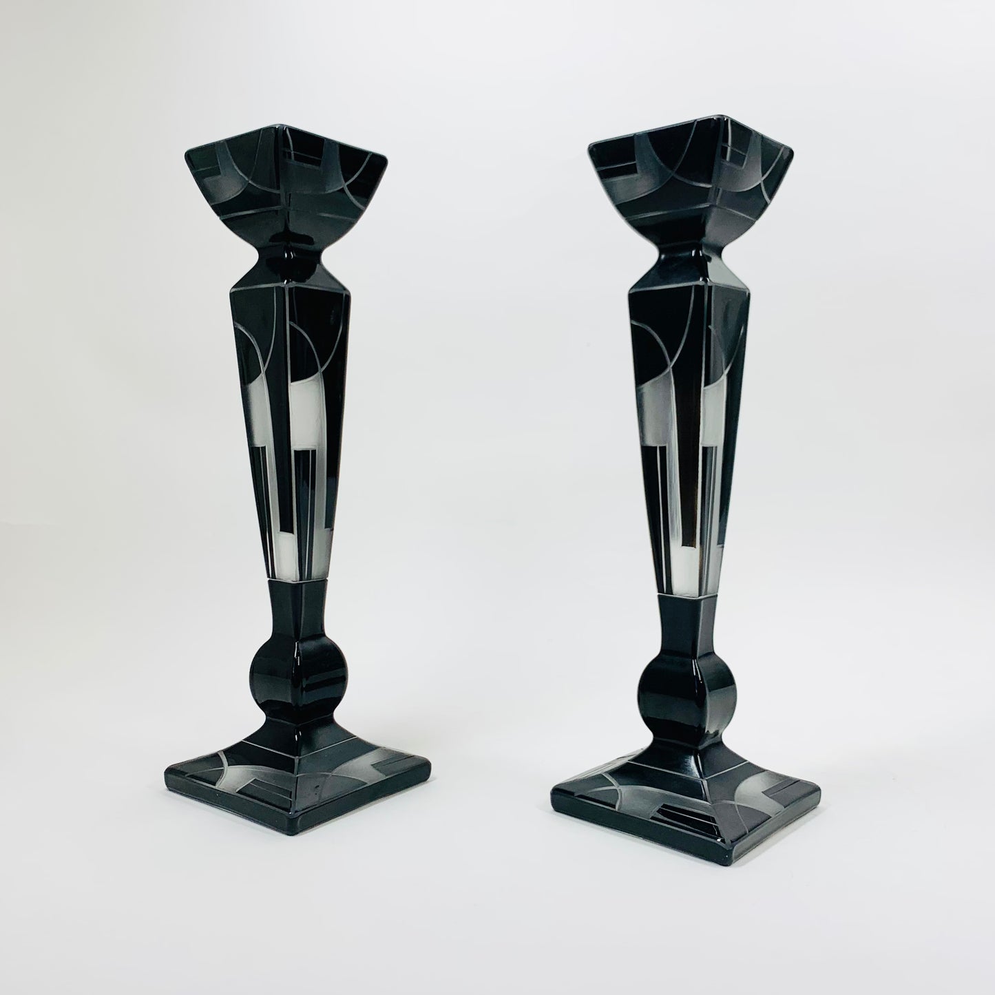 Extremely rare antique Art Dece black enamel frosted glass silver candle sticks by Karl Palda