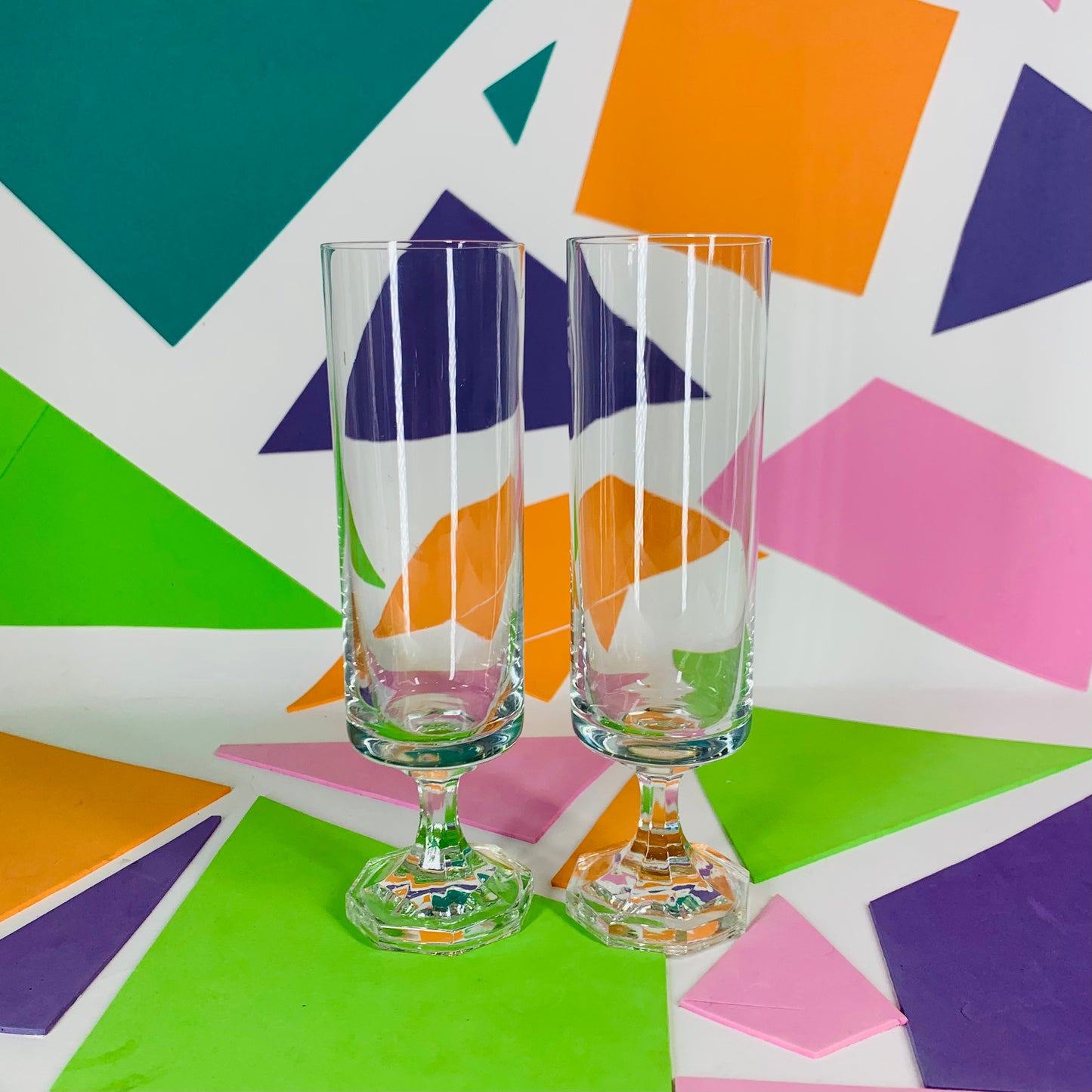 MCM clear glass short stem champagne flutes