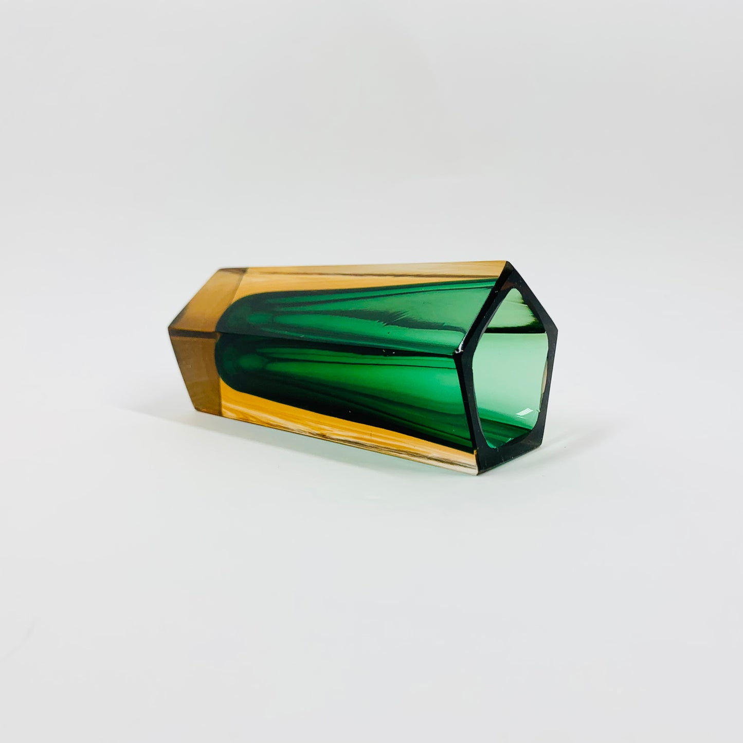 Rare MCM green & amber Murano sommerso block glass vase by Mandruzzato