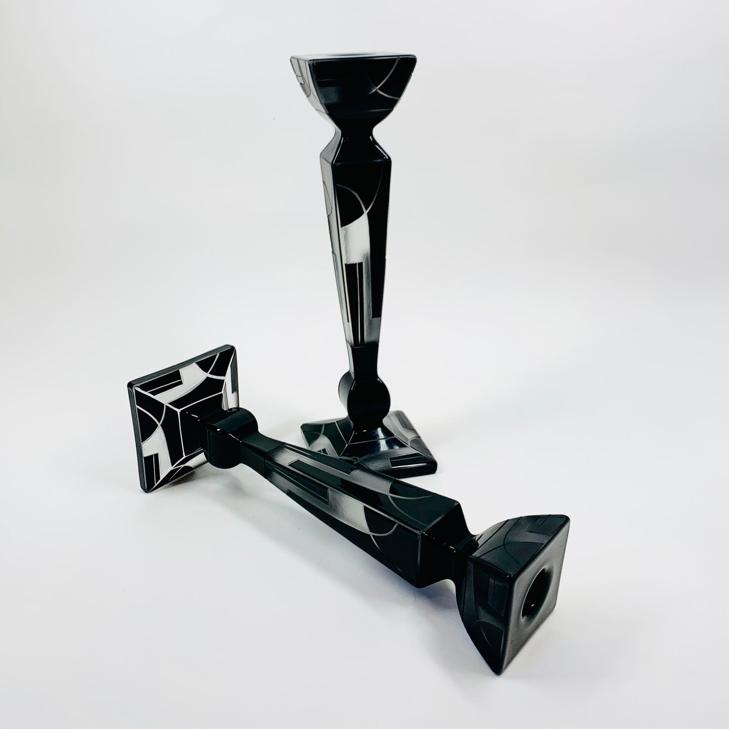 Extremely rare antique Art Dece black enamel frosted glass silver candle sticks by Karl Palda
