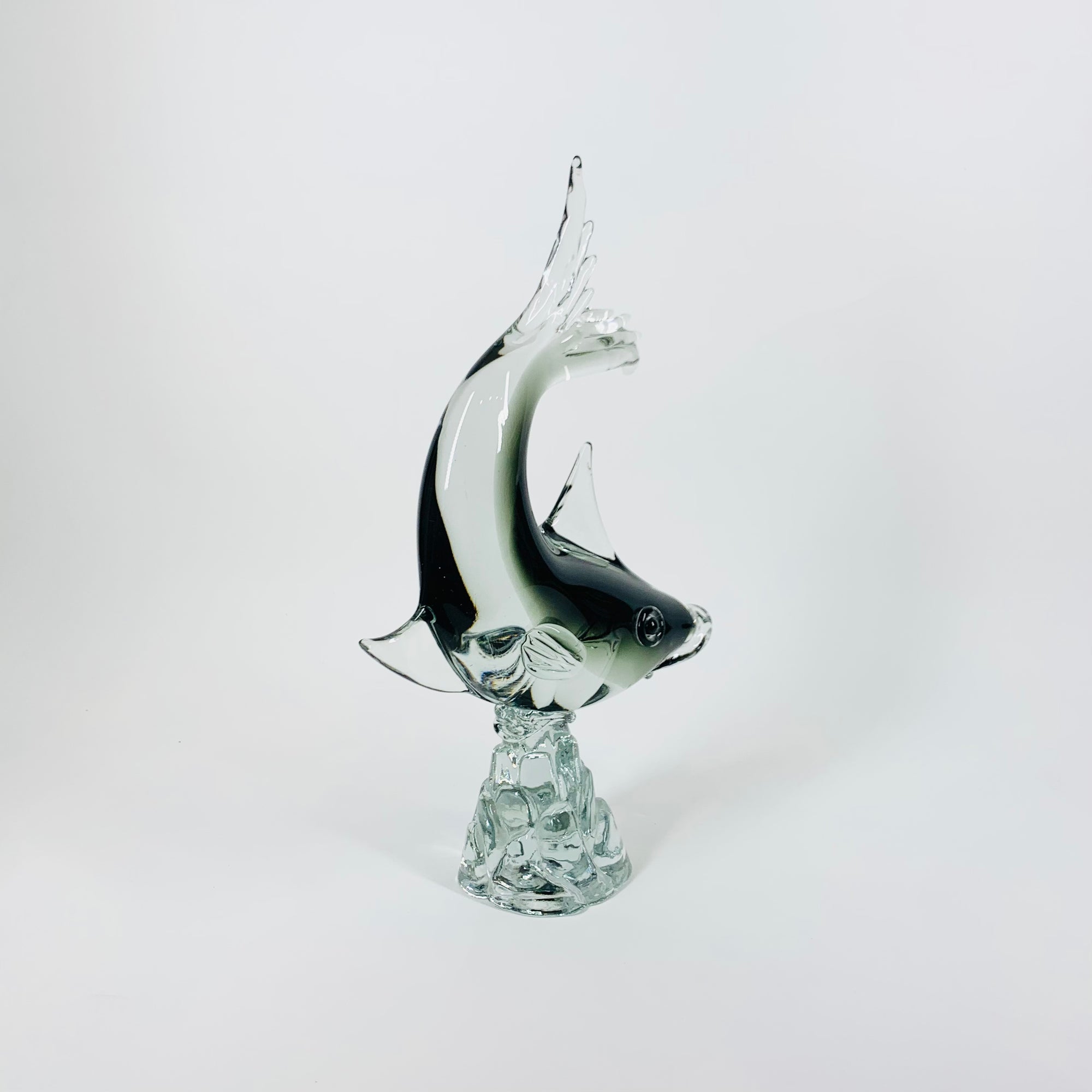 Midcentury Murano grey glass fish sculpture with aventurine & controlled bubbles
