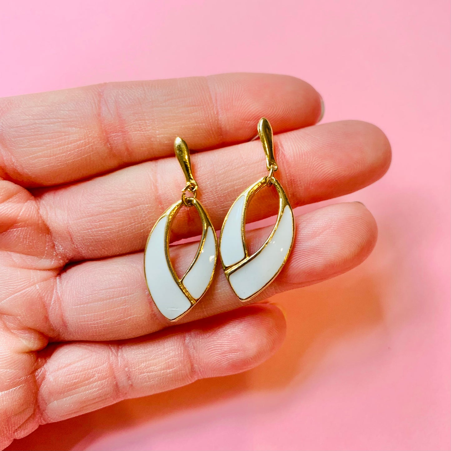 1970s Italian triple gold plated white enamel drop stud earrings