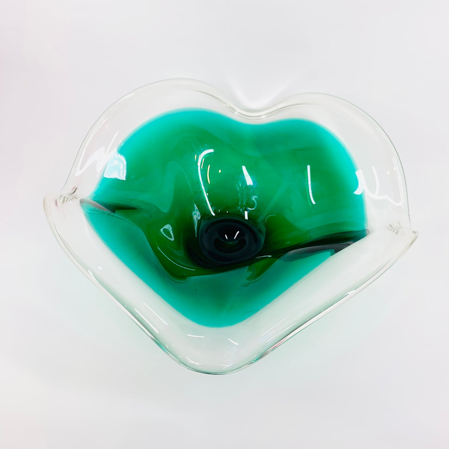 Large ruffle edge MCM Murano emerald green glass bowl