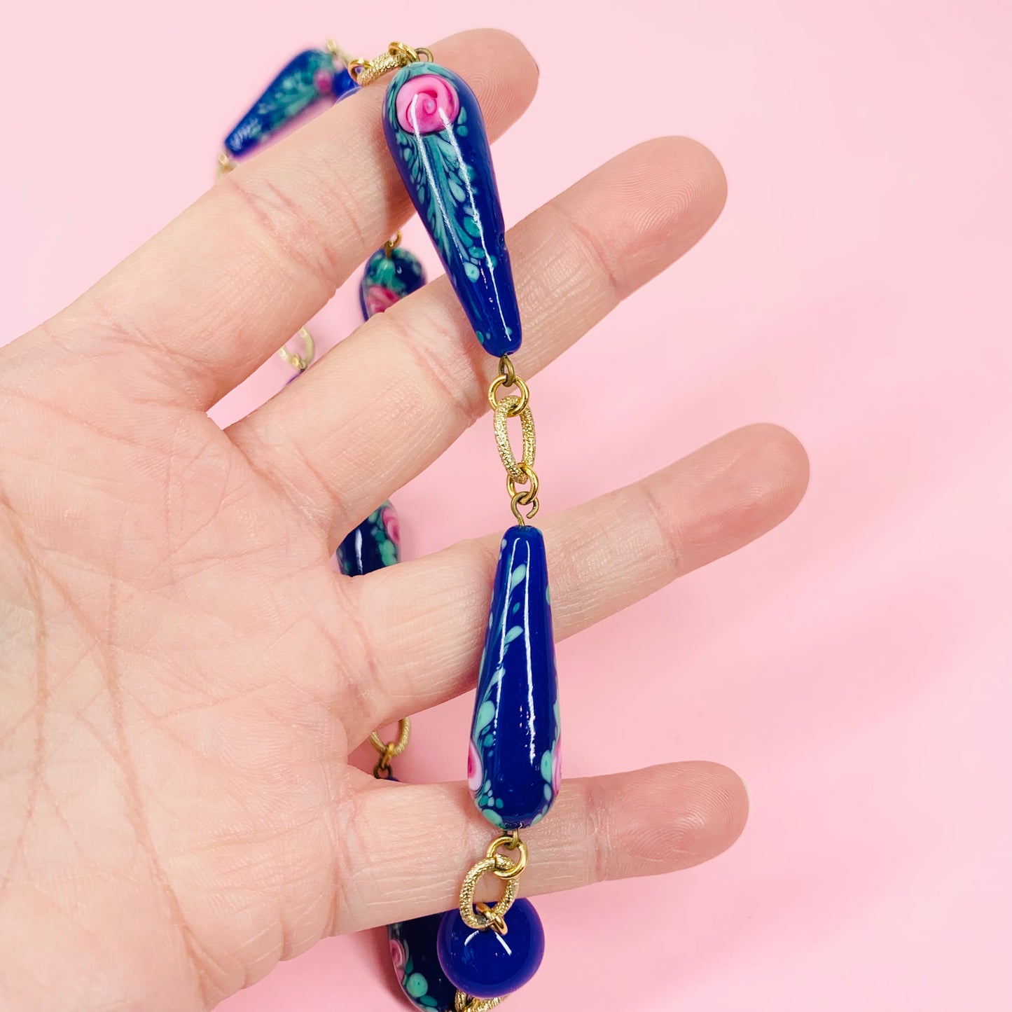 Rare 1950s Murano blue floral glass beads link necklace