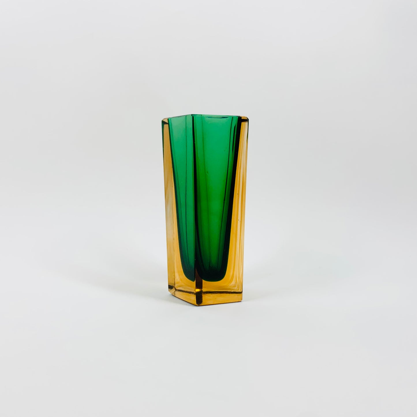 Rare MCM green & amber Murano sommerso block glass vase by Mandruzzato