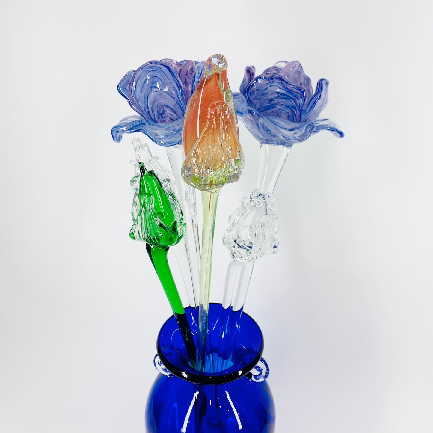 Mouth blown Murano art glass flower on long glass stem