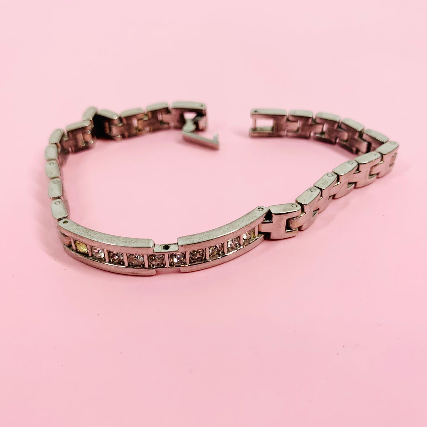 1960s silver plated watch links bracelet with diamanté droplets