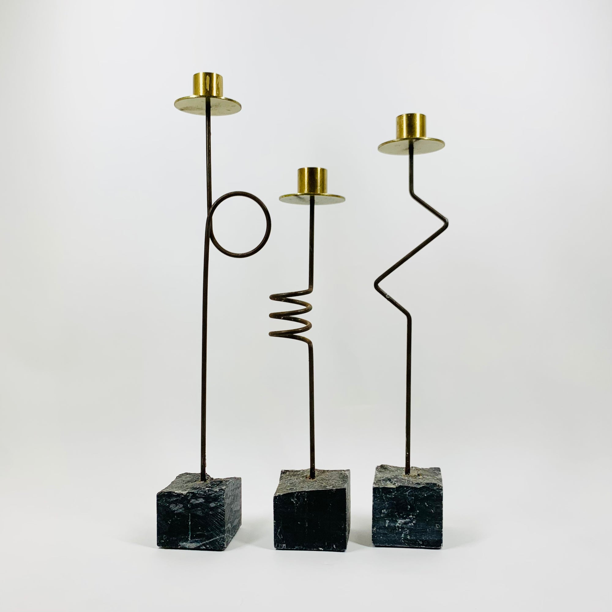 80s Memphis brass nickel abstract candle holder on granite base