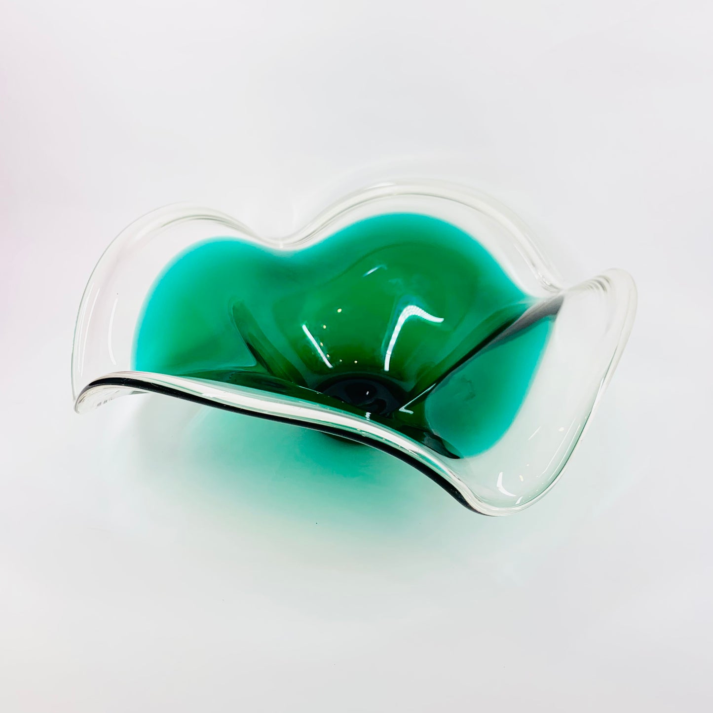 Large ruffle edge MCM Murano emerald green glass bowl