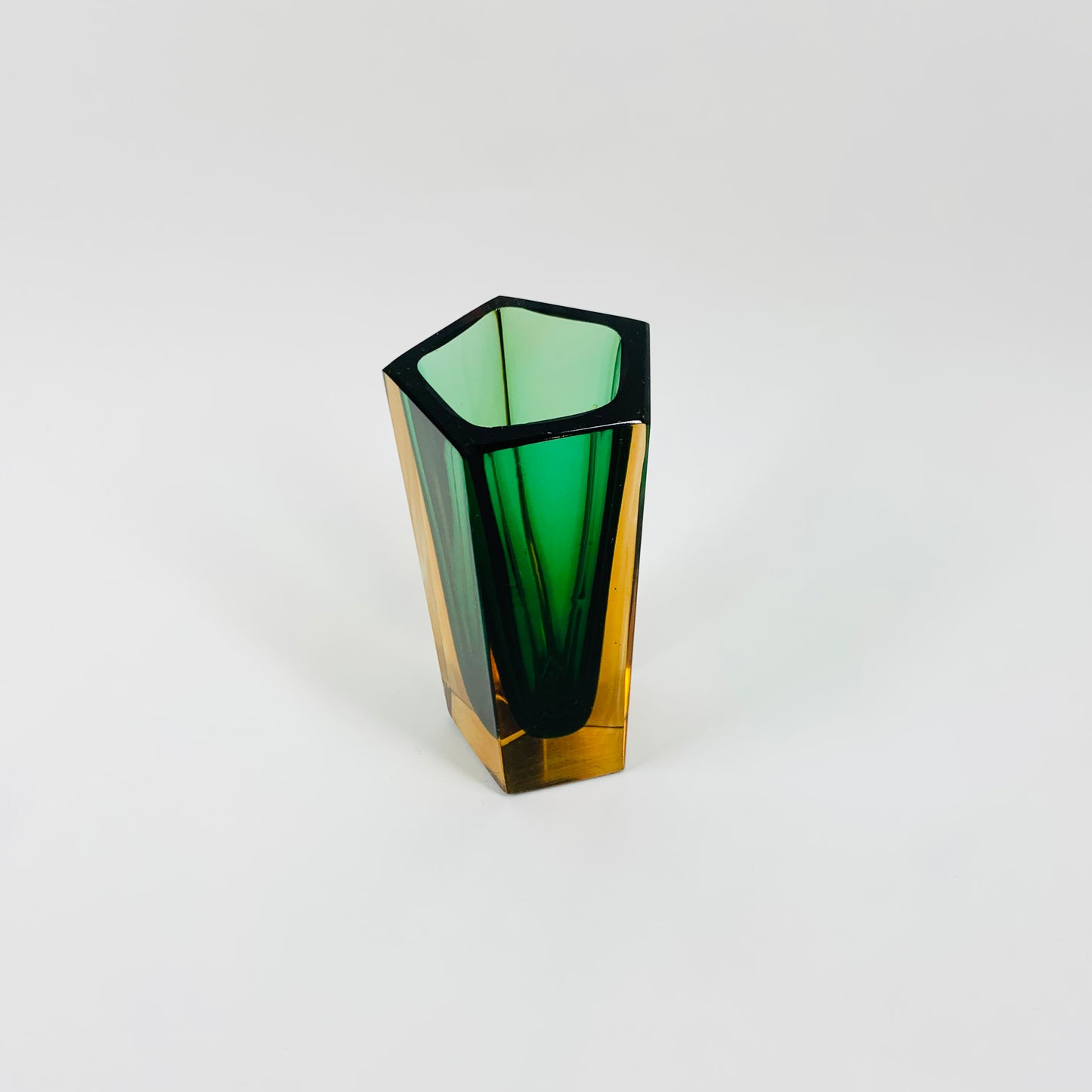 Rare MCM green & amber Murano sommerso block glass vase by Mandruzzato