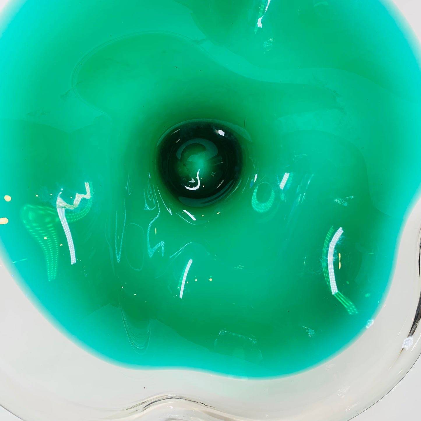 Large ruffle edge MCM Murano emerald green glass bowl