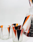 Extremely extremely rare antique Art Deco black & orange enamel decanter satin glass set by Karl Palda