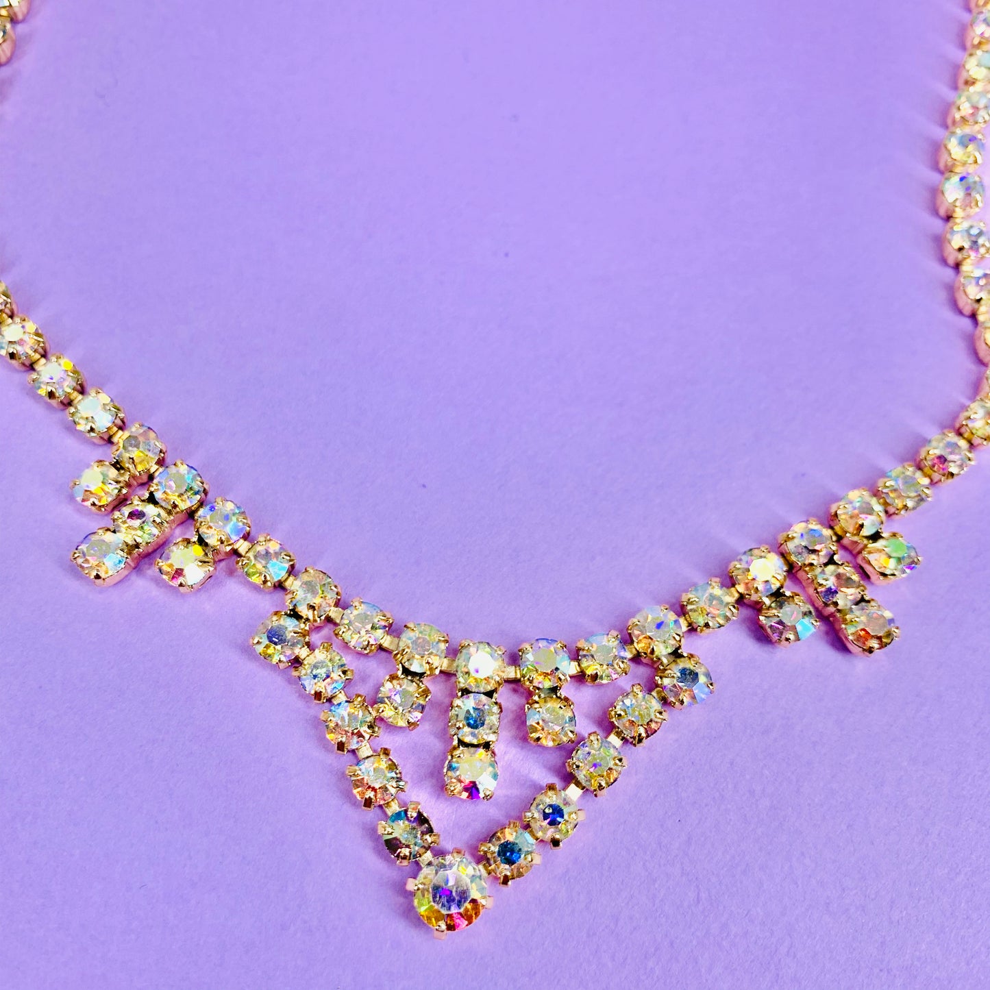 Stunning 1960s costume iridescent crystals chevron pendant necklace
