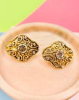 Extremely rare 1950s brass gilt clip on button earrings with clear rhinestones and filigree