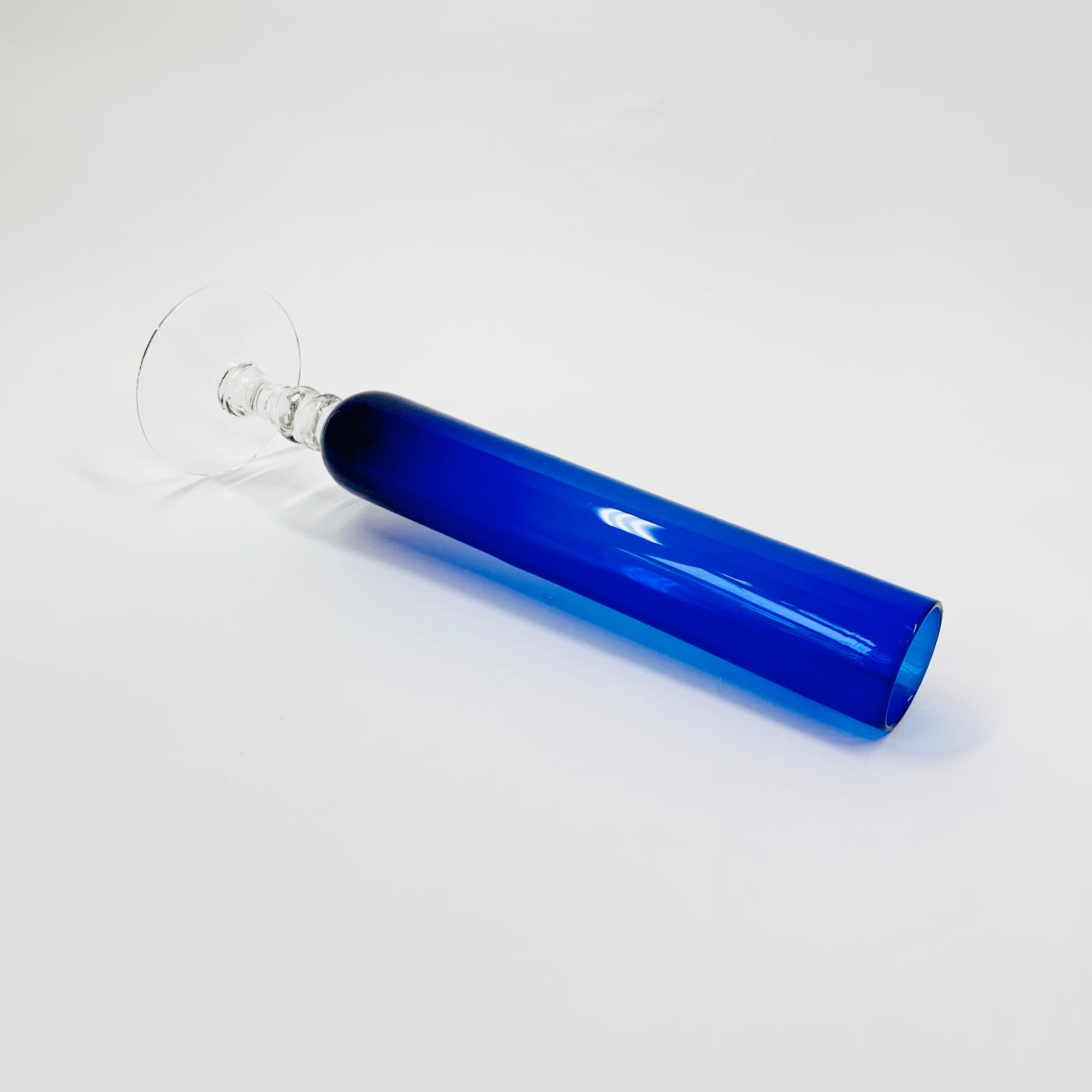 Midcentury Japanese cobalt blue glass footed tube vase