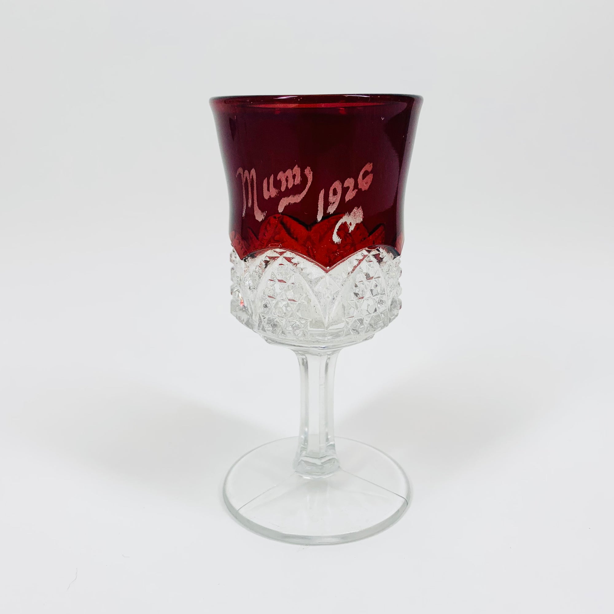 Antique ruby flashed glass with engraving