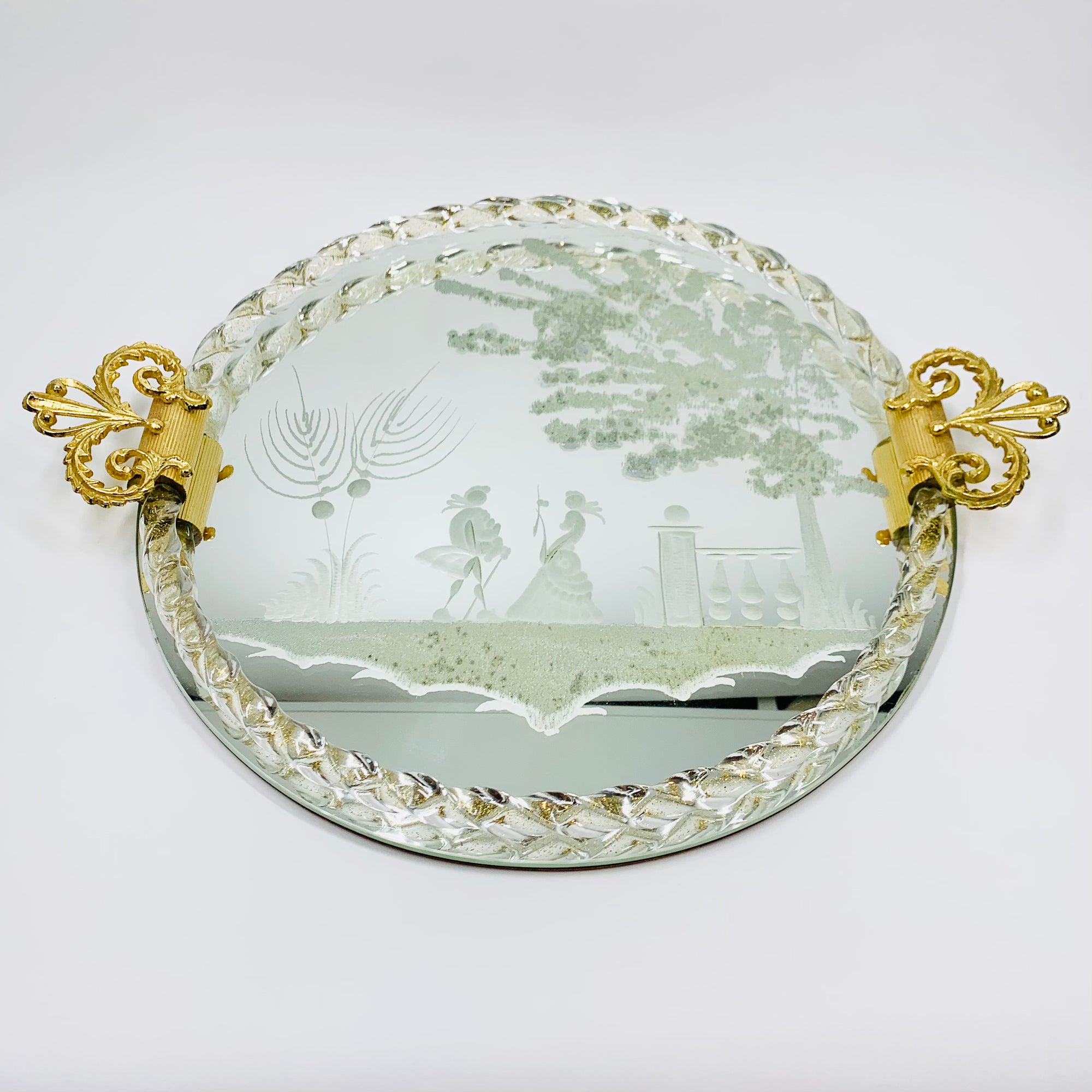 1940s hand etched mirror tray with gold aventurine rope border