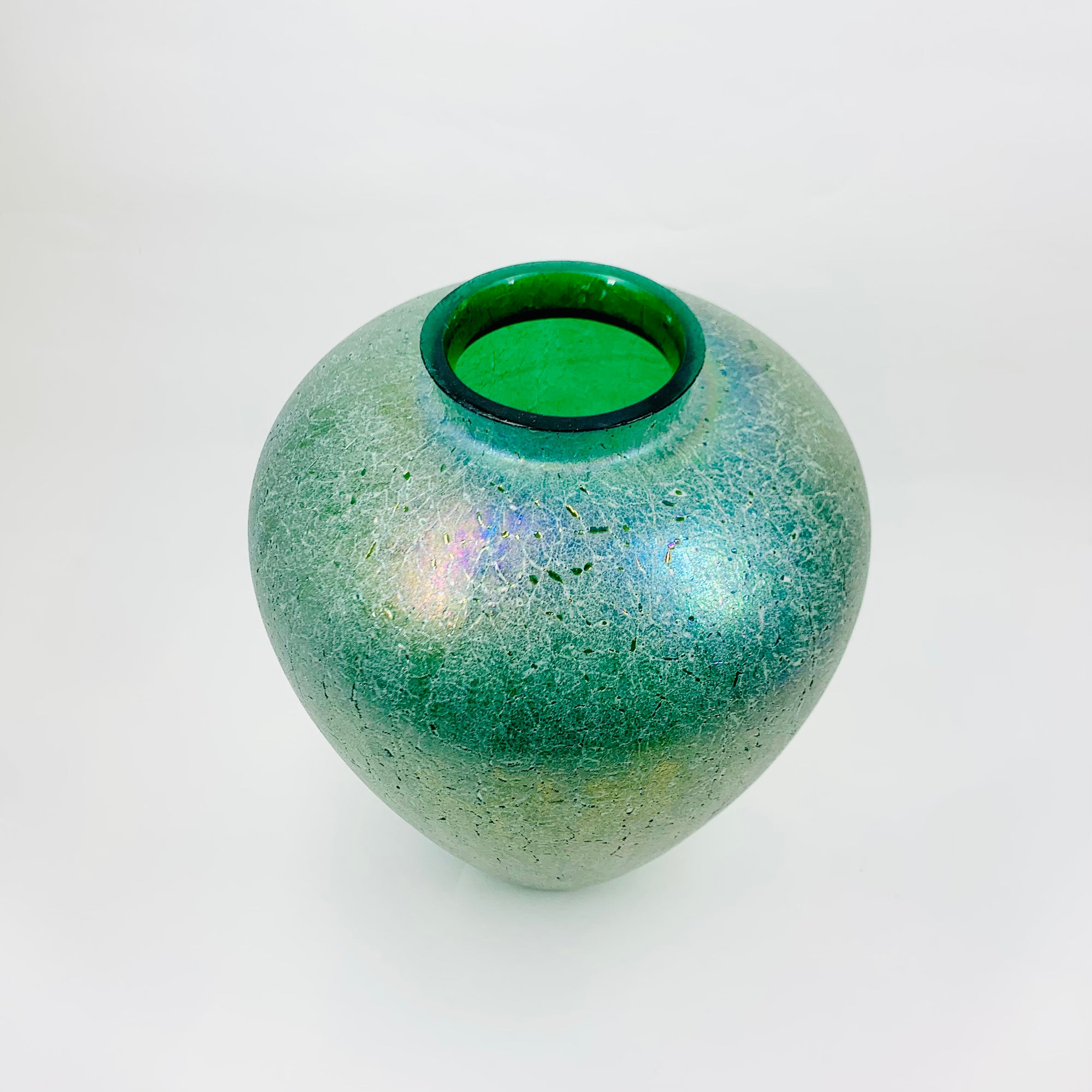 Large antique Art Nouveau Kralik hand made peacock iridescent crackle glass vase