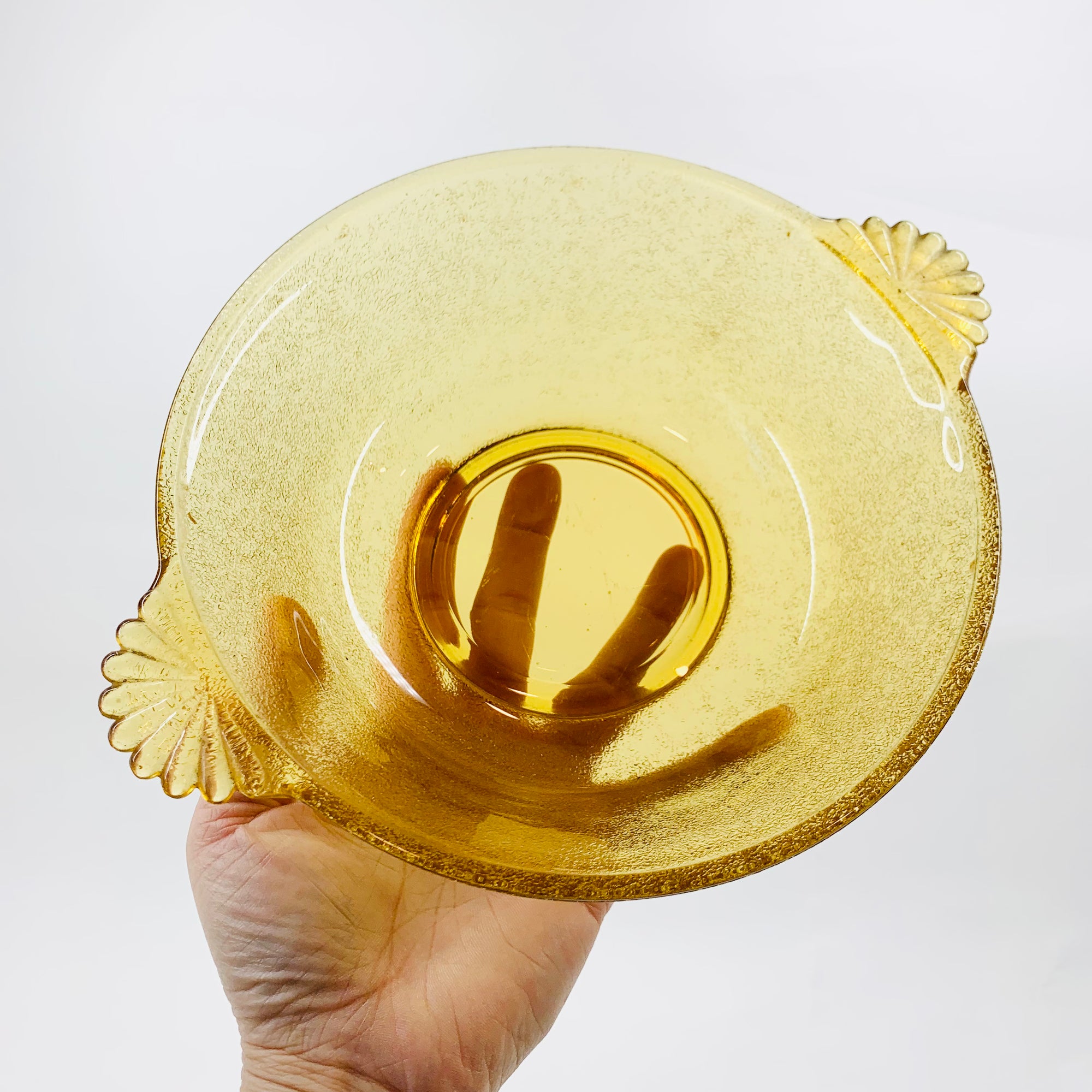 Midcentury laminated amber glass bowl with handles