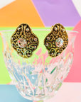 Extremely rare 1950s brass gilt clip on button earrings with clear rhinestones and filigree
