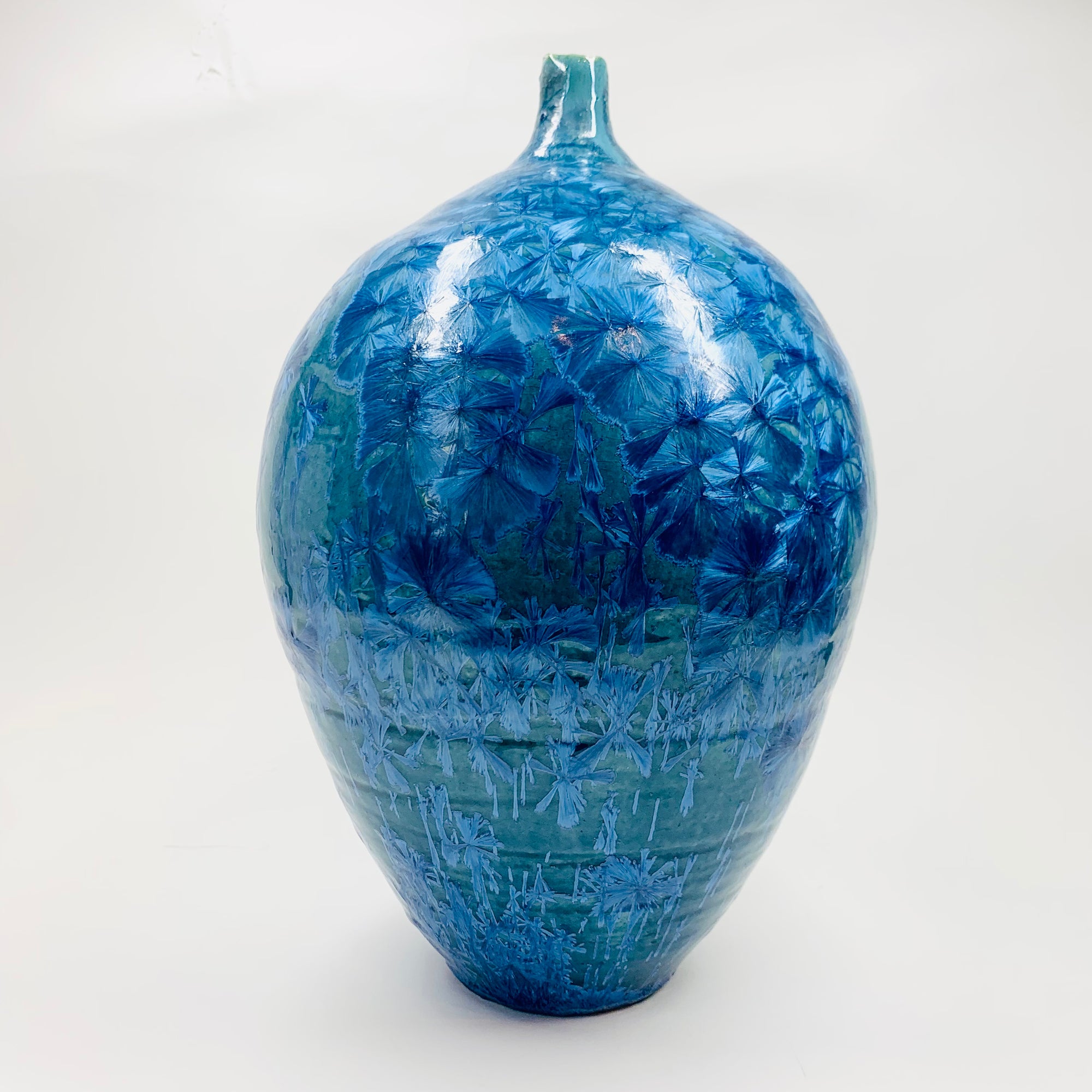 Retro hand made Australian turquoise blue gradient crystalline pottery bottle vase