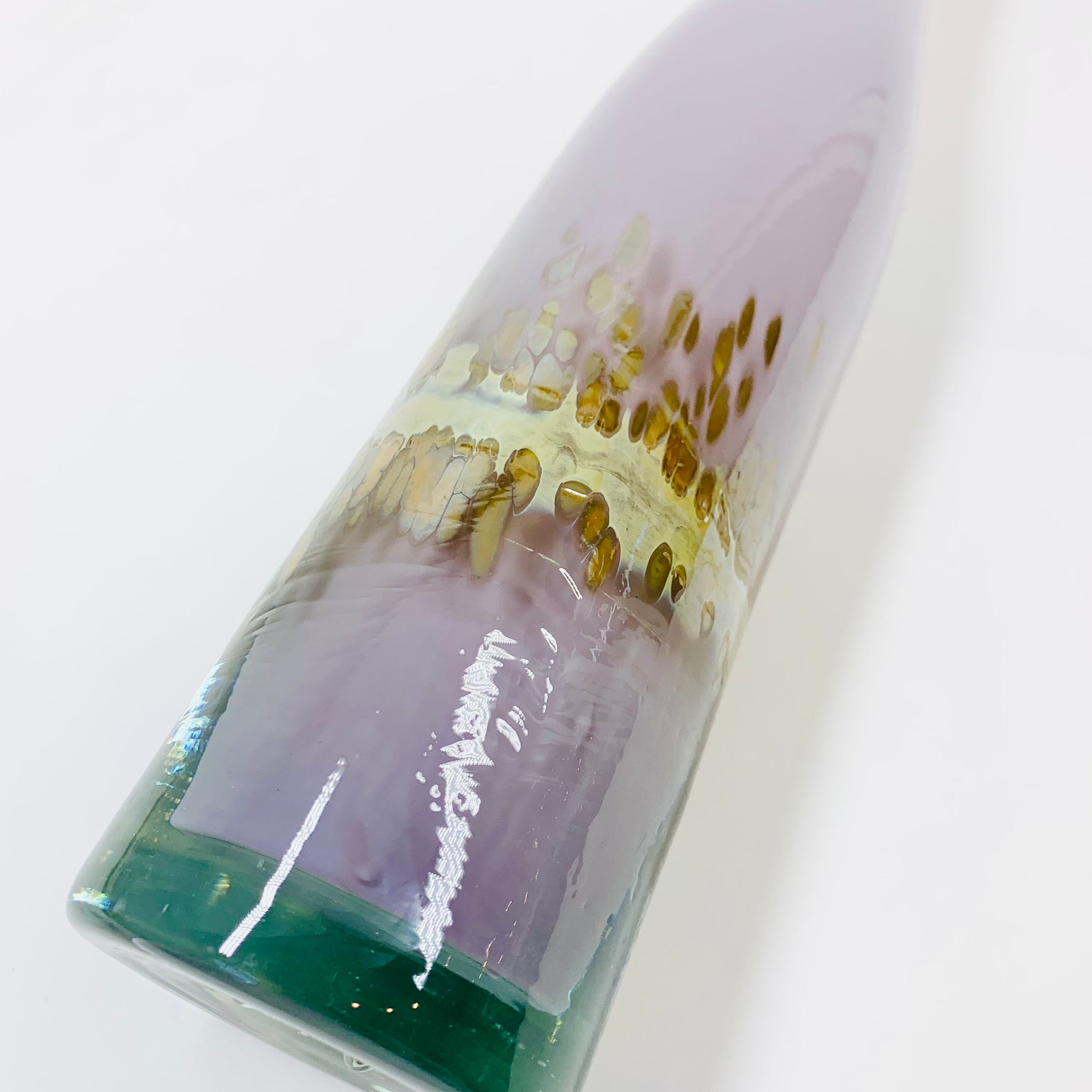 Vintage stunning mouth blown purple art glass with gold aventurine bottle vase with flare rim