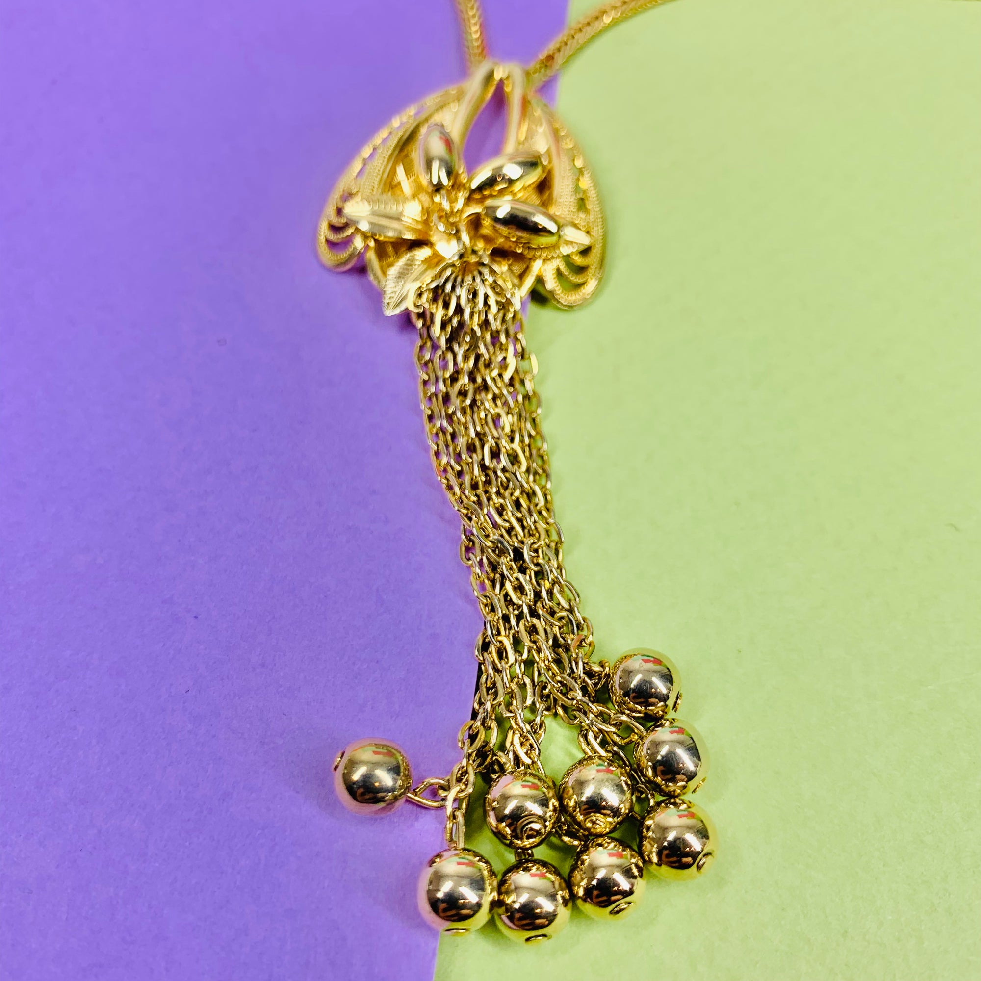 Rare 1970s Anson American triple plated gold necklace with floral tassel pendant