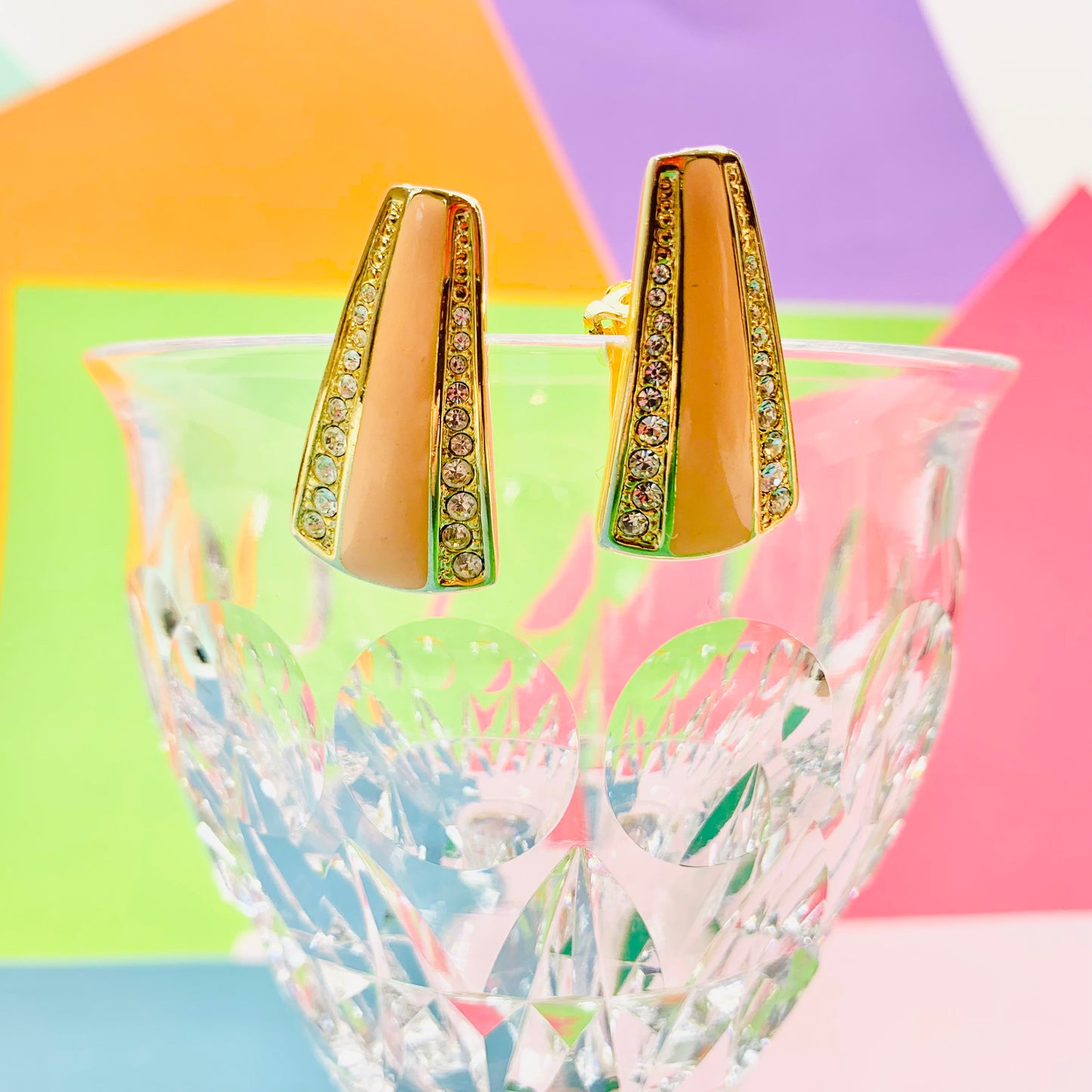 Rare stunning 1960s gold plated clip on salmon pink enamel & clear rhinestones earrings