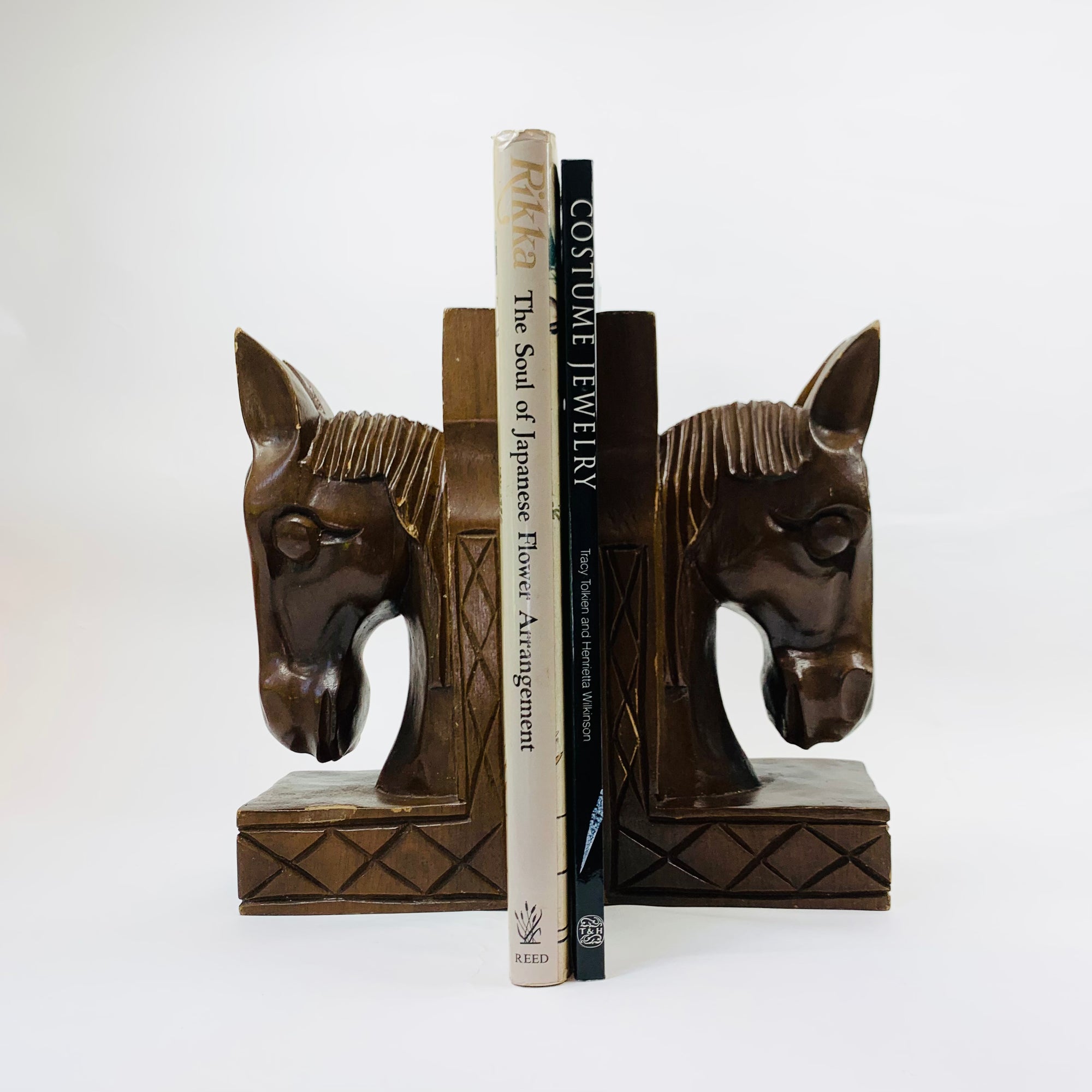 Extremely rare large set of Midcentury hand carved wooden horse head bookends