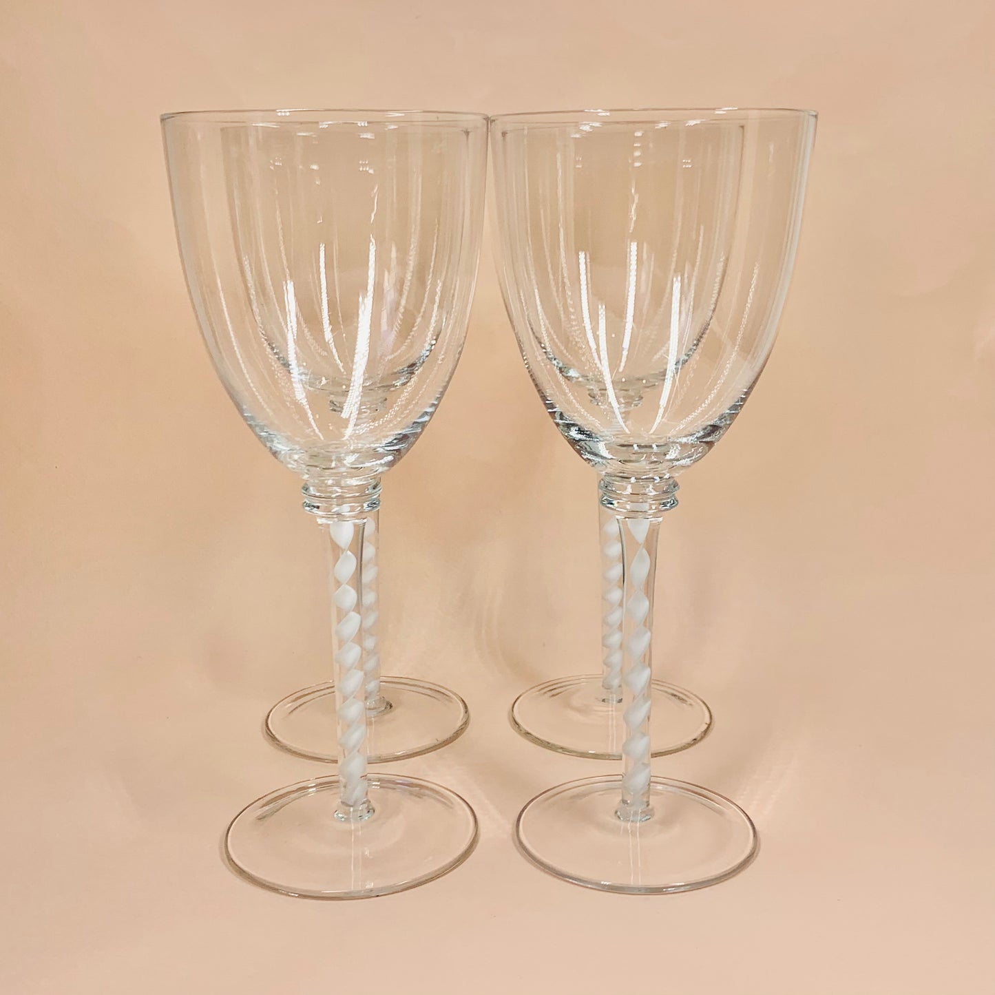 Rare hand made vintage white ribbon twist stem wine glasses