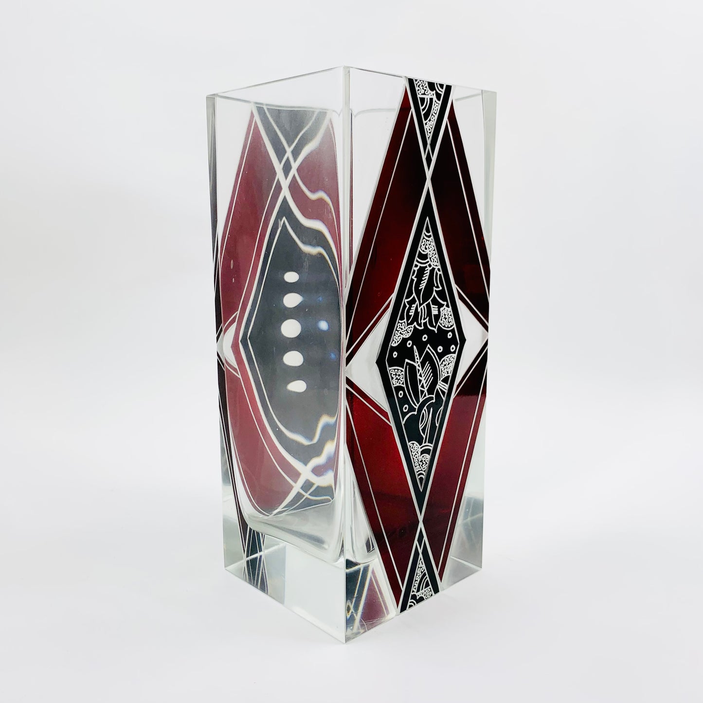 Extremely rare antique Art Deco black and ruby enamel rectangular glass vase by Karl Palda