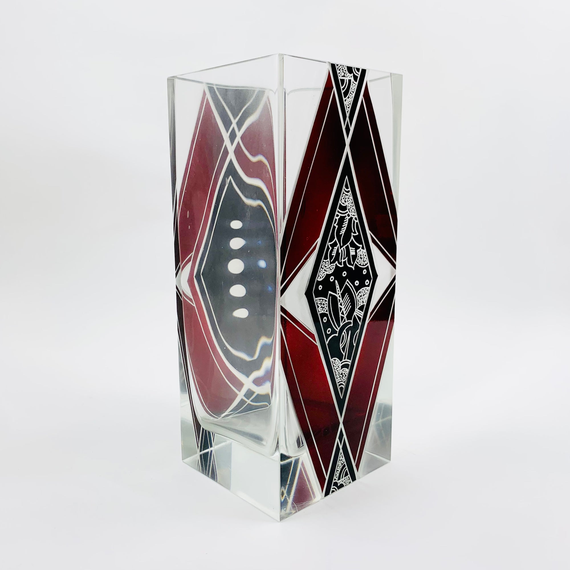Extremely rare antique Art Deco black and ruby enamel rectangular glass vase by Karl Palda