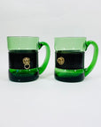 Rare Midcentury Italian green decanter glass set with detachable leather sleeves