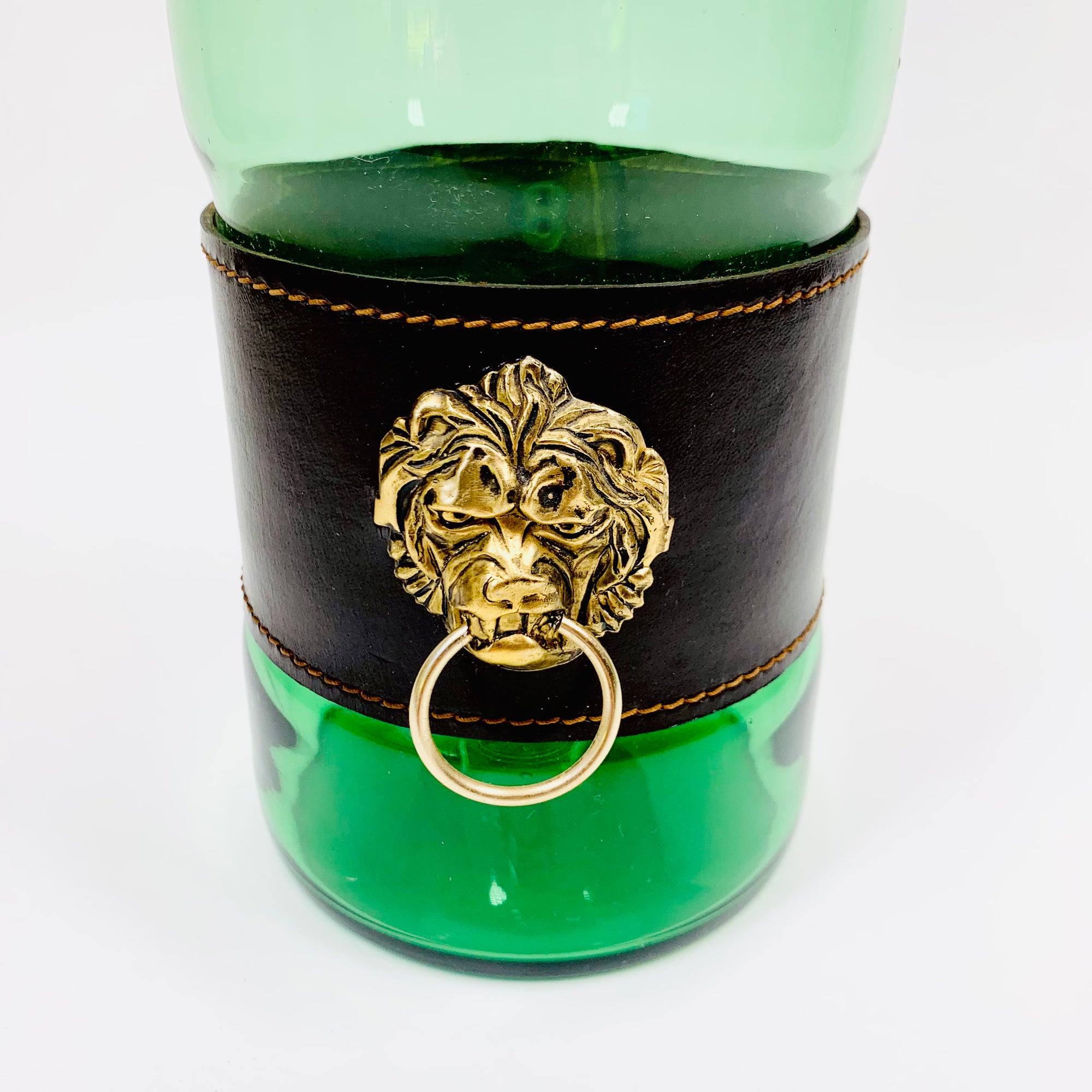 Rare Midcentury Italian green glass set with detachable leather sleeves