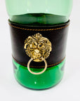 Rare Midcentury Italian green decanter glass set with detachable leather sleeves