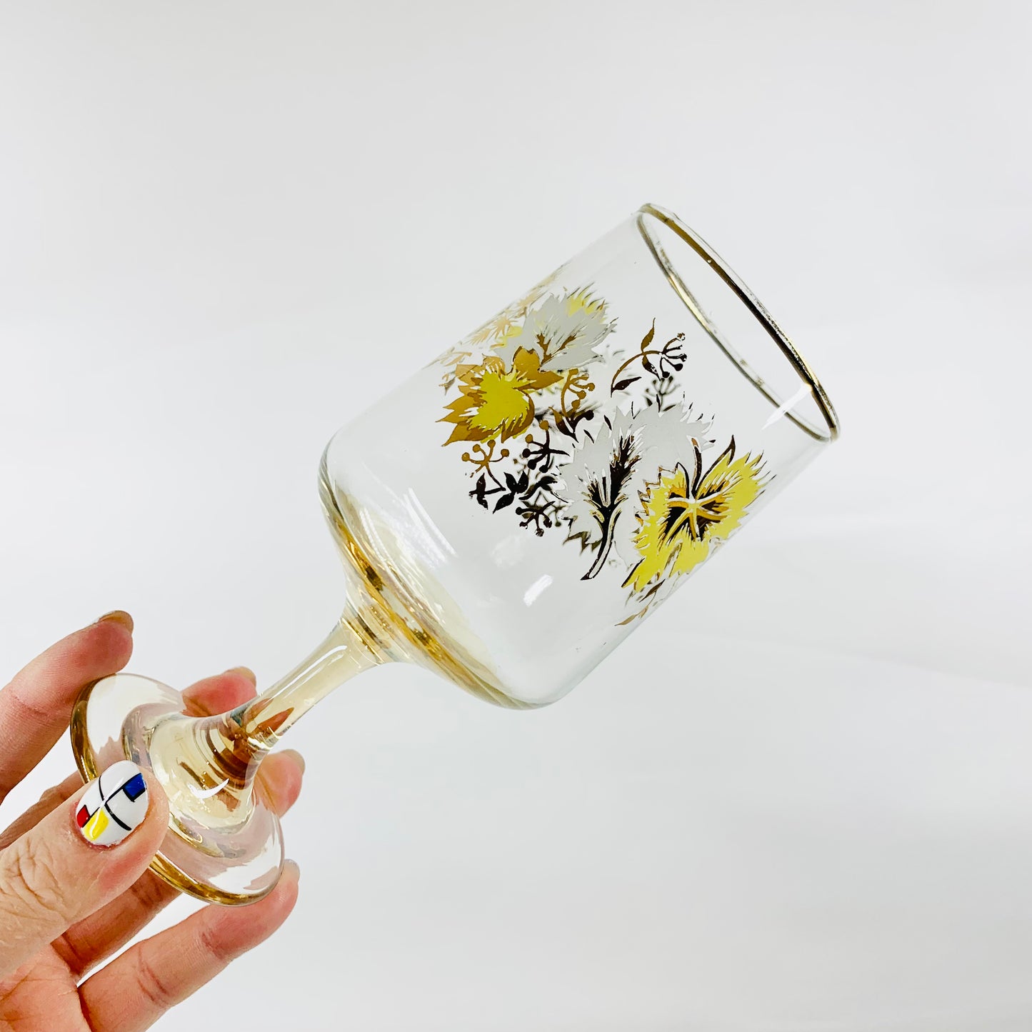 Midcentury hand painted wine glasses with gold gilding