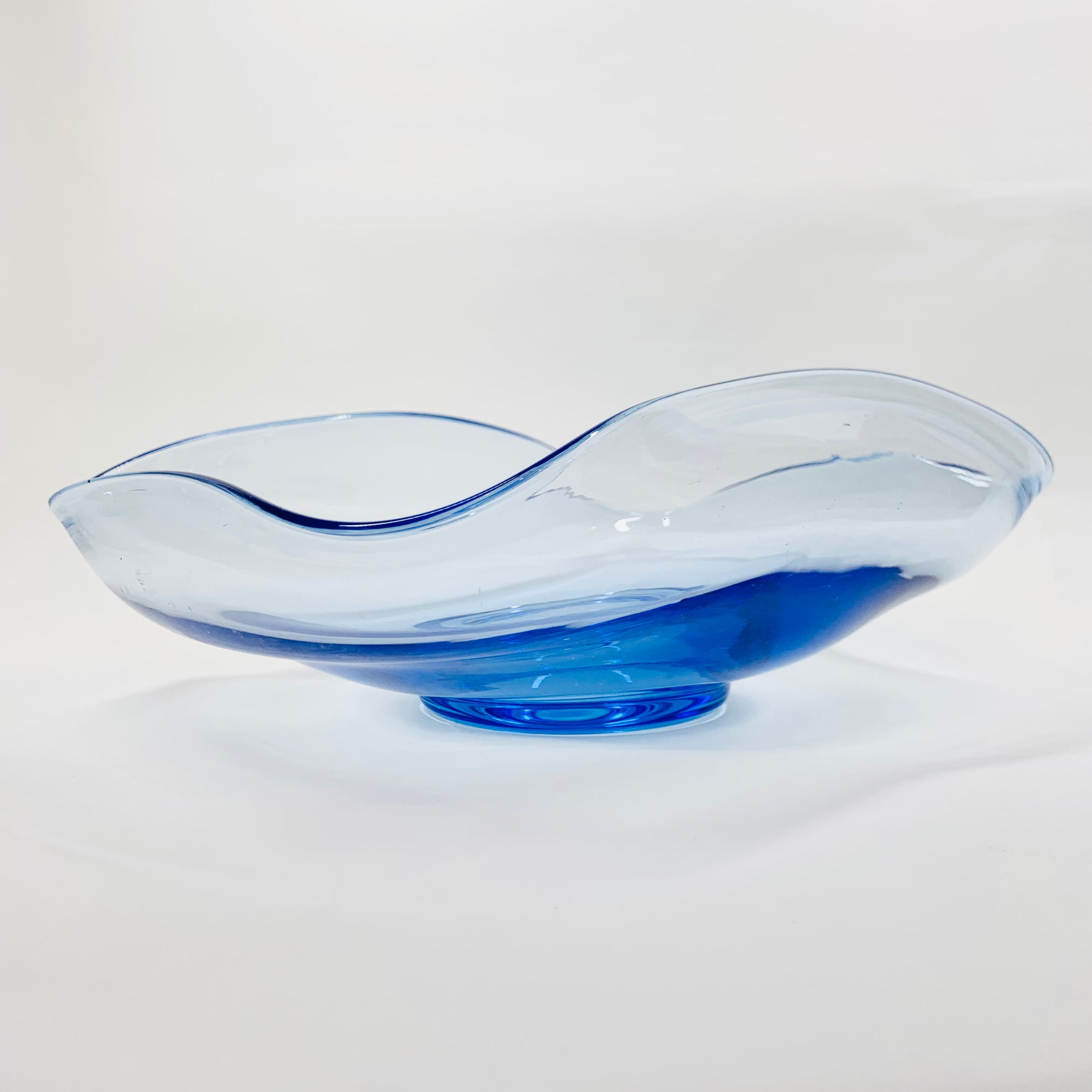 Large Midcentury blue pinched glass fruit/salad bowl