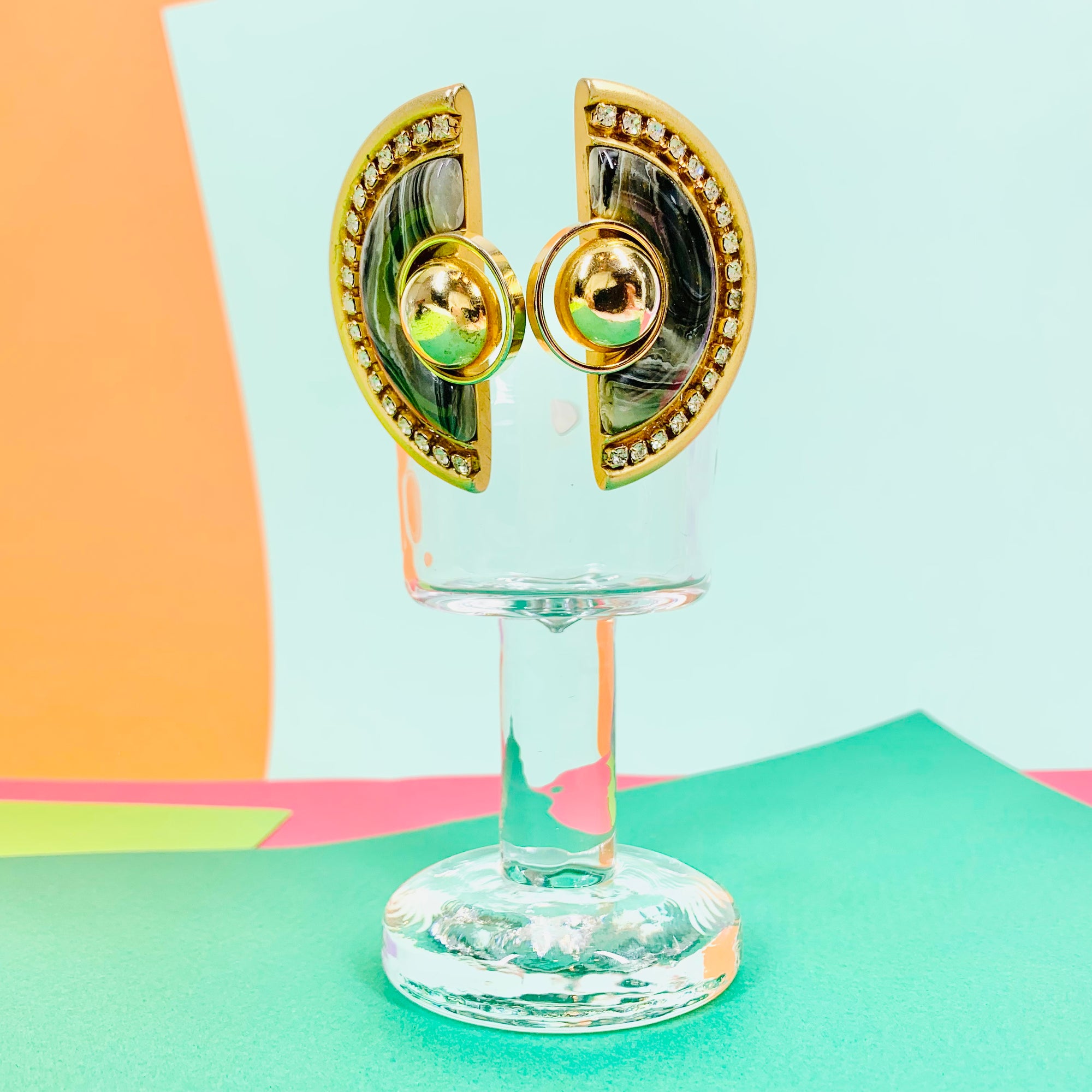 Extremely rare 1970s Egyptian revival fan rhinestone stud earrings