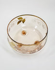 Midcentury pink gold gilded glass serving bowl with strawberry pattern